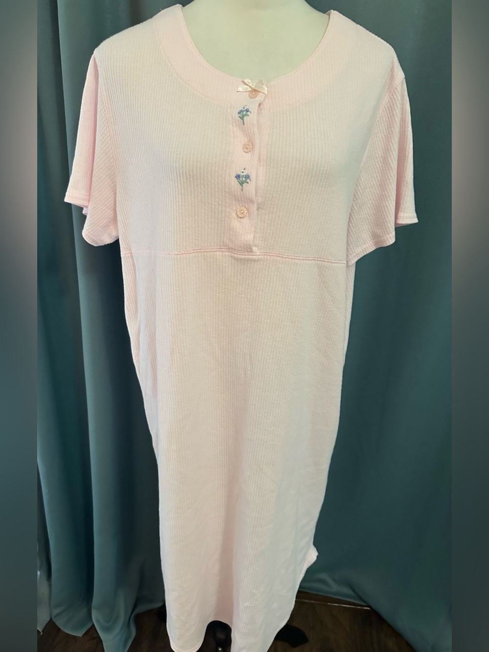 Vintage 1997 Amanda Stewart Pink Nightgown L Floral Embroidered Short Sleeve